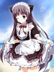 1girl ;) apron asagi_nanami ayugase_tsukiko bare_shoulders beach blue_sky blunt_bangs blunt_ends blush bow bowtie brown_dress closed_mouth commentary_request cowboy_shot day detached_collar detached_sleeves dress dress_bow frilled_apron frilled_cuffs frilled_dress frilled_sleeves frills grey_eyes happy heart highres himawari_no_kyoukai_to_nagai_natsuyasumi long_hair looking_at_viewer maid maid_apron maid_headdress ocean one_eye_closed outdoors puffy_short_sleeves puffy_sleeves purple_bow purple_bowtie purple_hair short_sleeves sidelocks skirt_hold sky smile solo split_mouth straight_hair striped_clothes striped_dress tareme two-tone_dress vertical-striped_clothes vertical-striped_dress very_long_hair white_apron white_dress white_wrist_cuffs wrist_cuffs