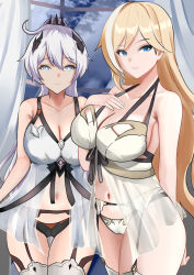2girls absurdres ahoge babydoll black_panties blonde_hair blue_eyes breasts cleavage commentary curtains durandal_(honkai_impact) durandal_(palatinus_equinox)_(honkai_impact) english_commentary garter_belt garter_straps highres honkai_(series) honkai_impact_3rd indoors kiana_kaslana kiana_kaslana_(herrscher_of_finality) large_breasts lingerie long_hair looking_at_viewer midriff multiple_girls navel panties smile thighhighs thighs tian_kazuki underwear very_long_hair white_babydoll white_hair white_panties white_thighhighs