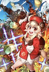 absurdres backpack bag bag_charm bloomers boots brown_boots brown_gloves charm_(object) clover_print coat dodoco_(genshin_impact) explosion explosion_background genshin_impact gloves hat hat_feather hat_ornament highres jumpy_dumpty klee_(genshin_impact) kuriki_art newsboy_cap open_mouth pointy_ears randoseru red_coat red_eyes red_hat smile underwear