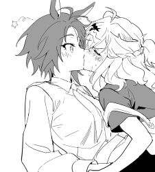 Rule 34 | 2girls, blush, braid, closed eyes, collared shirt, commentary request, fuji kiseki (umamusume), greyscale, half up braid, jungle pocket (umamusume), kiss, korean commentary, long sleeves, monochrome, multiple girls, shirt, short hair, short sleeves, sweat, tears, umamusume, yuri, zn242878163