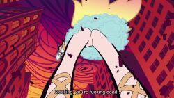 animated battle blonde_hair brief_(psg) city destruction garterbelt_(psg) giant giantess gun long_hair panty_&amp;_stocking_with_garterbelt stocking_(psg) sword tagme video weapon