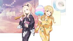 Rule 34 | 2girls, blonde hair, blue eyes, bracelet, cotton candy, fang, festival, floral print, forehead, fujita kotone, gakuen idolmaster, game cg, gun, hand on own hip, holding, holding weapon, horn ornament, horns, idolmaster, japanese clothes, japanese text, jewelry, juo sena, kimono, lantern, low twin braids, multicolored hair, multiple girls, official art, open mouth, pink hair, ponytail, purple kimono, skin fang, smile, star (symbol), twin braids, weapon, yellow eyes, yellow kimono