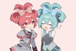 Rule 34 | 2girls, absurdres, alternate hairstyle, aqua hair, aqua necktie, black skirt, black sleeves, blue bow, bow, cinnamiku, closed eyes, detached sleeves, flying sweatdrops, frilled shirt, frills, fuwa fuwa cinnamoroll, grey shirt, grey skirt, hair between eyes, hair bow, hatsune miku, headset, heart, highres, kasane teto, long sleeves, looking at another, meroharome, multiple girls, necktie, number tattoo, open mouth, pink background, pink bow, red eyes, red hair, sanrio, shirt, sidelocks, simple background, skirt, sleeveless, sleeveless shirt, smile, tattoo, updo, utau, vocaloid