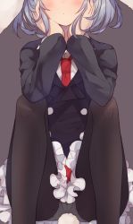 1girl animal_ears blazer blouse female_focus floppy_ears grey_background head_out_of_frame jacket miniskirt necktie outside_border panties panties_under_pantyhose pantyhose pantyshot purple_hair rabbit_ears rabbit_tail red_necktie reisen shirt short_hair simple_background sitting skirt solo tail touhou underwear usamata white_shirt
