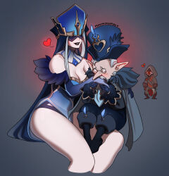 1girl 1other 2boys bare_shoulders black_fur black_lips blue_fur blue_gloves blue_hair blue_hat blush boots breasts broken_heart cleavage closed_eyes coat collarbone commentary couple detached_collar elbow_gloves english_commentary eye_mask facial_hair fatui_coat fatui_pyro_agent_(genshin_impact) from_side fur_trim genshin_impact glasses gloves glowing grey_background grey_coat grey_hair hat heart height_difference hetero highres hood hood_up kiss kissing_hand large_breasts long_hair long_sleeves mask minimimaniac mirror_maiden_(genshin_impact) multicolored_hair multiple_boys mustache netorare old old_man pants parted_lips pointy_ears pulcinella_(genshin_impact) round_eyewear shade sitting sitting_on_person smile standing streaked_hair thick_thighs thighs