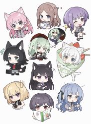 6+girls :3 animal_ear_fluff animal_ears ascot ave_mujica_(bang_dream!) bang_dream! bang_dream!_it&#039;s_mygo!!!!! beret black_choker black_hair black_jacket black_pantyhose black_shirt black_skirt blonde_hair blue_dress blue_eyes blue_hair blush braid brown_eyes brown_hair cat_ears cat_girl cat_tail chibi chibi_only choker crying crying_with_eyes_open cup diagonal-striped_clothes diagonal-striped_necktie dog_ears dog_girl dog_tail dress dual_persona fang frilled_choker frilled_shirt frills green_hair green_necktie grey_eyes grey_hair grey_jacket grey_shirt grey_skirt hair_ribbon haneoka_school_uniform hat heterochromia highres holding holding_cup invisible_chair jacket jewelry kaname_raana kemonomimi_mode long_hair matcha_parfait mole mole_under_eye mortis_(bang_dream!) mortis_(costume)_(bang_dream!) mortis_(persona)_(bang_dream!) multiple_girls mygo!!!!!_(bang_dream!) necklace necktie notebook one_eye_closed open_mouth pantyhose pantyhose_under_shorts pink_hair purple_eyes purple_hair purple_necktie raana_the_cat red_eyes red_hat red_shirt red_shorts ribbon school_uniform shirt short_hair shorts sitting skirt sleeveless sleeveless_shirt striped_clothes tail tears thumbs_up tomatoo7 wakaba_mutsumi white_ascot white_hair white_necktie white_shirt wolf_ears wolf_girl wolf_tail yellow_eyes