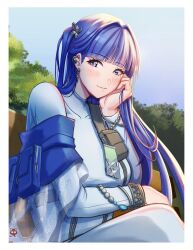 Rule 34 | 1girl, arcana (nikke), bench, blue eyes, blue hair, blush, breast zipper, breasts, closed mouth, dress, ear piercing, earrings, flower hairpin, full-length zipper, goddess of victory: nikke, grey eyes, hair intakes, hair ornament, highres, jewelry, kyousakee, large breasts, long hair, long sleeves, looking at viewer, nightgown, piercing, sitting, smile, solo, tight clothes, tight dress, turtleneck, turtleneck dress, very long hair, white dress, white nightgown, zipper, zipper dress