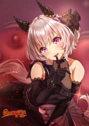 1girl absurdres alternate_costume animal_ears bed blush commentary_request curren_chan_(sakutsuki_ma_cherie)_(umamusume) curren_chan_(umamusume) detached_sleeves dress finger_to_mouth grey_hair highres horse_ears horse_girl horse_tail looking_at_viewer purple_eyes short_hair sodemaru_unagi tail twitter_username umamusume wedding_dress