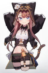 1girl absurdres ankh arknights arms_behind_head beudelb black_jacket black_shorts blue_eyes blush brown_hair cat_tail circlet closed_mouth cropped_legs flower highres hood hood_up jacket jewelry long_hair long_sleeves looking_at_viewer midriff navel pepe_(arknights) shorts simple_background smile solo tail tail_ornament tail_ring thighlet v-shaped_eyebrows vest waistcoat white_background white_flower