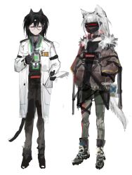 2girls animal_ears black_choker black_gloves black_necktie black_pants black_shirt black_shoes black_vest brown_jacket cat_ears cat_girl cat_tail choker closed_mouth collared_shirt cup full_body glasses gloves grey_shirt hands_in_pockets head-mounted_display highres holding holding_cup jacket lab_coat multiple_girls necktie open_clothes original pants red_eyes round_eyewear shirt shoes simple_background tail vest vihua6 white_background wolf_ears wolf_girl wolf_tail