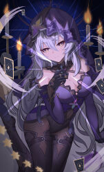 1girl absurdres aichinaigai bare_shoulders black_gloves black_swan_(honkai:_star_rail) bodystocking breasts candle card cleavage covered_navel dress elbow_gloves floating gloves grey_hair hair_between_eyes highres honkai:_star_rail honkai_(series) large_breasts long_hair purple_dress purple_gloves sleeveless sleeveless_dress solo veil very_long_hair yellow_eyes