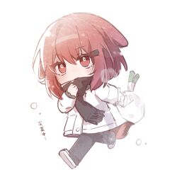 1girl arknights bag black_pants black_scarf breath brown_eyes brown_hair brown_tail chibi chibi_only chinese_commentary commentary_request covered_mouth crownslayer_(arknights) food full_body groceries hair_ornament hairclip highres holding holding_bag jacket long_sleeves pants plastic_bag running scarf shadow71580825 short_hair simple_background solo spring_onion tail white_background white_jacket