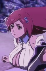 1girl animated bleach bleach:_sennen_kessen-hen bouncing_breasts breasts cleavage cleavage_cutout clothing_cutout detached_sleeves hair_ornament huge_breasts inoue_orihime large_breasts long_hair midriff navel no_bra non-web_source orange_hair running solo tagme video