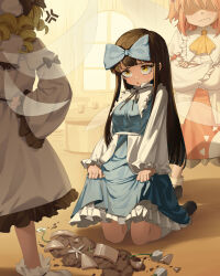 3girls absurdres ascot backlighting black_ribbon blue_bow blue_dress blunt_bangs blush bow breasts broken_flower_pot broken_pieces brown_eyes brown_hair clothes_lift commentary_request crossed_arms dress fang fang_out flower flower_pot frilled_shirt_collar frills full_body hair_bow hand_on_own_hip highres indoors kneehighs kneeling leaning_back lifting_own_clothes long_hair long_sleeves looking_at_another luna_child multiple_girls petticoat plant potted_plant puffy_long_sleeves puffy_sleeves ribbon sidelocks skirt skirt_lift small_breasts socks soil solo_focus star_sapphire sunny_milk sweat touhou upturned_eyes very_long_hair white_dress white_flower white_socks wide_sleeves window yazato_ichimushi yellow_ascot yellow_eyes