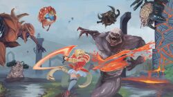 1girl absurdres amelia_(fire_emblem) arachnotron armor blonde_hair cacodemon claws cloud cloudy_sky commentary crossover crucible_(doom) doom_(series) doom_eternal english_commentary fighting fire_emblem fire_emblem:_the_sacred_stones green_eyes hell_knight highres holding holding_sword holding_weapon mancubus marauder_(doom_eternal) lava monster mountain nintendo outdoors pain_elemental painterly pillar red_armor ruins short_hair skirt sky sword thighhighs vinegarjar weapon white_skirt white_thighhighs