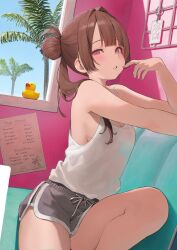 1girl absurdres armpits blush breasts brown_hair commentary_request grey_shorts hair_bun hamunezuko_(nezukonezu32) highres indoors jun_(hamunezuko_(nezukonezu32)) long_hair looking_at_viewer original pink_eyes rubber_duck shirt shorts sideboob sidelocks sitting solo tank_top white_shirt white_tank_top