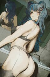 1girl absurdres animal_ears bathroom bear_ears bear_girl black_bra black_garter_belt black_panties blue_eyes blue_hair blush bra breasts cleavage commentary fortissimo fujikura_uruka garter_belt hair_ornament highres large_breasts long_hair looking_at_viewer looking_back mirror mole musical_note musical_note_hair_ornament naokomama notched_ear panties phase_connect reflection sink solo standing underwear virtual_youtuber