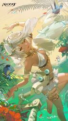 absurdres alternate_costume artist_request barefoot bird birthday bracelet bubble dancer dark_skin extra_arms falling feet flower happy_birthday headdress highres jewelry jumping looking_at_viewer mechanical_arms official_alternate_costume official_art orange_eyes plant punishing:_gray_raven smile sophia_(pgr) water