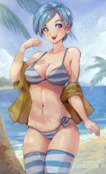 1girl :d bare_shoulders beach bikini blue_eyes blue_hair breasts bulma capsule_corp cleavage dragon_ball dragon_ball_super highres jacket jammeryx navel ocean open_mouth palm_tree sand short_hair smile solo standing striped_bikini striped_clothes striped_thighhighs swimsuit thighhighs tree