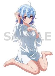 1girl ahoge anime_coloring barefoot blue_hair breasts closed_mouth collared_shirt dress_shirt full_body hair_between_eyes hand_in_own_hair long_sleeves medium_hair red_eyes ruti_ragnason sample_watermark shin_no_nakama_janai_to_yuusha_no_party_wo_oidasareta_no_de_henkyou_de_slow_life_suru_koto_ni_shimashita shirt simple_background sitting solo thighs wariza watanabe_ruriko watermark white_background white_shirt