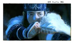 1girl ainu arrow_(projectile) asirpa banana0re3 blue_theme border bow_(weapon) cloak close-up commentary golden_kamuy headband highres holding holding_arrow holding_bow_(weapon) holding_weapon looking_to_the_side medium_hair realistic solo symbol-only_commentary weapon white_border white_cloak