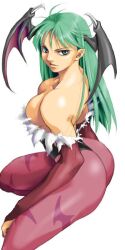 1girl animal_print antenna_hair arched_back artist_request back bare_back bare_shoulders bat_print black_leotard black_wings breasts bridal_gauntlets collarbone cowboy_shot darkstalkers demon_girl demon_wings from_side fur_trim green_eyes green_hair head_wings highleg highleg_leotard hoshinagi_2723 invisible_chair leotard long_hair looking_at_viewer looking_back medium_breasts morrigan_aensland off_shoulder pantyhose parted_bangs parted_lips print_pantyhose purple_pantyhose purple_wings scowl sideboob simple_background sitting solo straight_hair thong thong_leotard v-shaped_eyebrows white_background wings