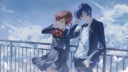 1boy 1girl against_railing arm_behind_back arm_up behind-the-head_headphones black_jacket black_pants black_skirt blazer blue_eyes blue_hair blue_sky cloud cloudy_sky digital_media_player double-parted_bangs dress_shirt facing_to_the_side hand_in_own_hair hand_in_pocket hand_on_own_head hand_up headphones highres jacket looking_to_the_side outdoors pants persona persona_3 ponytail railing red_eyes red_hair red_ribbon ribbon school_uniform shiomi_kotone shirt side-by-side skirt sky white_shirt wind yun_(dl2n5c7kbh8ihcx) yuuki_makoto_(persona_3)