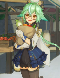 1girl absurdres animal_ears apple artist_name bag beret black_leotard black_thighhighs blue_hair blue_leotard blush bottle brown-framed_eyewear cape daikon food foot_up frilled_leotard frills fruit fur_collar garter_straps genshin_impact glasses gloves green_hair grocery_bag hair_between_eyes hair_flaps hat highres holding holding_bag komagami leotard long_hair long_sleeves looking_at_viewer market market_stall multicolored_hair multicolored_leotard open_mouth orange_(fruit) orange_eyes outdoors paper_bag ponytail radish semi-rimless_eyewear shopping_bag smile solo streaked_hair sucrose_(genshin_impact) thighhighs two-tone_leotard white_cape white_gloves white_sleeves