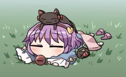 1girl :3 =_= animal animal_ear_fluff animal_ears animal_on_head bird blue_skirt blush bow cat cat_ears cat_tail chibi chibi_only closed_eyes commentary_request crow frilled_sleeves frills grass green_bow hair_bow hair_ornament hairband heart heart_hair_ornament kaenbyou_rin kaenbyou_rin_(cat) komeiji_satori long_sleeves lying nekomata on_head on_stomach pink_skirt purple_hair red_bow red_hairband reiuji_utsuho reiuji_utsuho_(bird) rokugou_daisuke short_hair signature skirt sleeping slippers socks tail third_eye touhou unworn_slippers white_socks