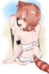 1girl ahoge bikini brown_eyes ear_piercing frilled_bikini frills from_behind highres k_mugura looking_back nail_polish nijisanji open_mouth orange_hair orange_nails piercing ratna_petit red_panda_ears red_panda_tail sitting solo swimsuit toenail_polish toenails virtual_youtuber