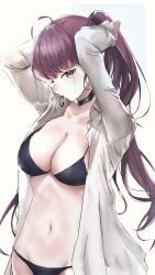 1girl absurdres adjusting_hair ahoge black_bra black_choker black_panties bra breasts choker cleavage closed_mouth commentary cowboy_shot dolla_(nikke) dress_shirt expressionless goddess_of_victory:_nikke hair_tie_in_mouth highres large_breasts long_hair looking_at_viewer miumiumi_99 mole mole_under_eye mouth_hold navel open_clothes open_shirt panties ponytail purple_eyes purple_hair shirt simple_background solo standing stomach twitter_username underwear watermark white_background white_shirt