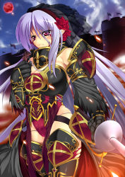 1girl armor bare_shoulders blush breasts cameltoe cleavage curvy dark_knight fang female_focus flower frown highres large_breasts light_purple_hair long_hair pointy_ears red_eyes rei_shabu rose solo sword thick_thighs thighs veil very_long_hair weapon wide_hips