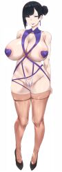 1girl absurdres areola_slip black_hair black_shoes breasts brown_thighhighs cameltoe character_request earrings full_body hair_bun highres hoop_earrings huge_breasts jewelry looking_at_viewer mole mole_under_eye mousekkk navel pasties purple_earrings purple_eyes purple_lips shoes simple_background single_side_bun solo thighhighs white_background xiuxian:_mu_zhu_chuan