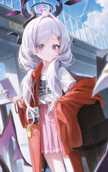 1girl black_horns blue_archive cellphone cloud cloudy_sky collared_shirt commentary cosplay cowboy_shot day demon_horns demon_wings grey_hair halo highres hina_(blue_archive) holding holding_phone horns instrument_case jacket long_hair long_sleeves meoyo multiple_horns open_clothes open_jacket open_mouth outdoors phone pink_skirt pleated_skirt purple_eyes purple_wings red_jacket shirt short_sleeves skirt sky smartphone solo white_shirt wings yoshimi_(band)_(blue_archive) yoshimi_(blue_archive) yoshimi_(blue_archive)_(cosplay)