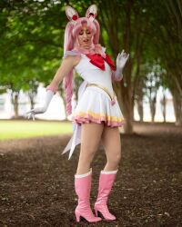 Rule 34 | 1girl, aged up, bishoujo senshi sailor moon, bishoujo senshi sailor moon supers, boots, chibi usa, cosplay, cosplay photo, gloves, heart, katie cosplay, miniskirt, photo (medium), pink hair, real life, sailor chibi moon, sailor chibi moon (cosplay), skirt, super sailor chibi moon, super sailor chibi moon (cosplay), tree, twintails