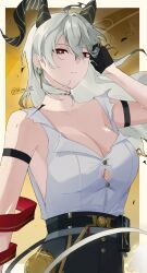 1girl arm_strap bare_shoulders black_choker black_gloves black_horns black_pants breasts bright_pupils choker closed_mouth collarbone commentary_request curled_horns gloves hair_between_eyes high-waist_pants highres horns large_breasts looking_at_viewer necktie necktie_around_wrists pants red_eyes red_necktie shion_hy shirt shirt_tucked_in solo torn_clothes torn_shirt white_pupils white_shirt wuthering_waves zani_(wuthering_waves)