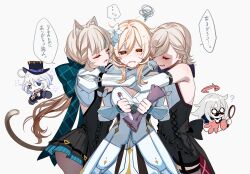 1boy 4girls animal_ears annoyed bare_shoulders bisexual_female blonde_hair blush bow boy_and_girl_sandwich breasts cat_ears cat_girl cat_tail detached_sleeves dress facial_mark flower frown furina_(genshin_impact) gel_(nukoleg) genshin_impact group_hug hair_between_eyes hair_flower hair_ornament hat hetero highres holding holding_vial hug long_hair long_sleeves lumine_(genshin_impact) lynette_(genshin_impact) lyney_(genshin_impact) medium_breasts multiple_girls open_mouth paimon_(genshin_impact) purple_eyes sandwiched short_hair short_hair_with_long_locks sidelocks speech_bubble squiggle tail top_hat translation_request vial white_dress white_flower yellow_eyes yuri