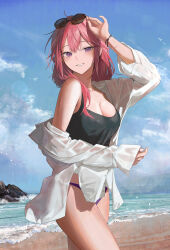 1girl absurdres adjusting_eyewear bare_shoulders beach bikini black_camisole breasts camisole cleavage commentary cowboy_shot day eyewear_on_head grin highres jenmin12 medium_breasts medium_hair ocean off_shoulder open_clothes open_shirt original outdoors parted_lips pink_hair purple_bikini purple_eyes shirt smile solo sunglasses swimsuit white_shirt wrist_straps