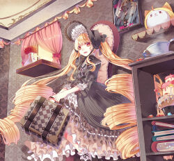1girl ankle_ribbon black_bonnet black_bow black_bowtie black_capelet black_dress black_ribbon black_shoes blonde_hair blunt_bangs bonnet book book_stack bow bowtie bright_pupils cake capelet cup dress drill_hair feet_out_of_frame flower food frilled_capelet frilled_dress frilled_headwear frilled_sleeves frilled_socks frills hat hat_bow highres holding holding_suitcase indoors leg_ribbon light_particles lolita_fashion long_dress long_hair long_sleeves looking_at_viewer maiden&#039;s_romance_(miracle_nikki) miracle_nikki momo_(nikki) nikki_(series) on_chair open_mouth orange_eyes painting_(object) picture_frame puffy_long_sleeves puffy_sleeves red_flower red_rose ribbon rose saucer shelf shoes sidelocks sitting sleeve_bow smile socks solo steam striped_bow striped_clothes striped_dress stuffed_animal stuffed_cat stuffed_toy suitcase teacup teeth three-quarter_sleeves twin_drills twintails upper_teeth_only vase vertical-striped_clothes vertical-striped_dress very_long_hair wavy_hair white_pupils white_socks youzi_xia