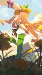 2girls ^_^ animal_ears blue_sky character_request closed_eyes cloud commentary_request day ear_covers hairband head_wreath highres horse_ears horse_girl horse_tail long_hair long_sleeves multiple_girls ningen_gokko open_mouth orange_hair outdoors silence_suzuka_(umamusume) skirt sky smile tail umamusume white_hairband white_skirt