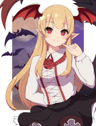 1girl animal arm_behind_back bad_id bad_pixiv_id bat_(animal) bat_wings black_skirt blonde_hair blush border bright_pupils closed_mouth collared_shirt fang fang_out female_focus finger_to_cheek flower frilled_skirt frills granblue_fantasy haruno_kanon head_wings highres long_hair long_sleeves looking_at_viewer moon outside_border pointy_ears red_eyes red_flower red_rose rose shirt skin_fang skirt smile solo split_mouth upper_body vampy white_border white_shirt wings