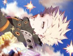 1boy bakugou_katsuki blonde_hair blue_background boku_no_hero_academia bruise high_collar highres injury looking_at_viewer male_focus short_hair sideways solo soru_2023 sparkle spiked_hair superhero_costume teeth