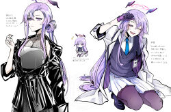 Rule 34 | 1girl, absurdres, alternate costume, alternate hairstyle, arm up, black dress, black nails, blue archive, blue necktie, chibi, coat, collared shirt, commentary, dirty, dress, floating headgear, full body, gloves, halo, headgear, highres, jacket, lab coat, light blush, loafers, long hair, long sleeves, looking at viewer, lower teeth only, miniskirt, multiple views, musical note, necktie, one eye closed, open mouth, pasta bar415, pleated skirt, purple eyes, purple gloves, purple hair, purple vest, shirt, shoes, skirt, smile, teeth, upper body, utaha (blue archive), vest, white coat, white shirt, white skirt