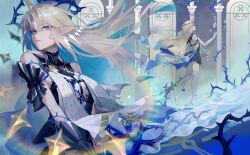 2girls absurdres bare_legs bare_shoulders black_collar black_dress blonde_hair blue_eyes blue_hair breasts cartethyia_(wuthering_waves) collar colored_inner_hair commentary_request crown_of_thorns dress dual_persona earrings fleurdelys_(wuthering_waves) floating_earrings highres horns jewelry large_breasts long_hair looking_at_viewer multicolored_hair multiple_girls necklace parted_lips pointy_ears sidelocks single_horn tabard tacet_mark_(wuthering_waves) very_long_hair white_tabard woodylixx wuthering_waves