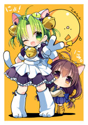 2girls animal_hat apron arm_behind_back bell black_dress blush brown_hair cat_hat cat_tail closed_mouth curtained_hair dejiko di_gi_charat dot_mouth dress full_body gema gloves green_eyes green_hair hair_between_eyes hat jingle_bell multiple_girls one_eye_closed open_mouth orange_background peeking_out puchiko shadow shoes standing tail translation_request v white_apron white_gloves white_shoes zest_(lossol)
