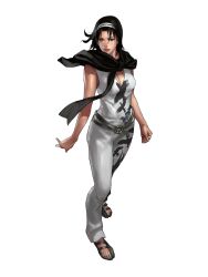Rule 34 | 1girl, absurdres, animal print, belt, bird print, black hair, black sandals, black shawl, breasts, brown eyes, cleavage, grey belt, hairband, highres, jumpsuit, junny, kazama jun, medium breasts, medium hair, non-web source, official art, sandals, serious, shawl, sleeveless jumpsuit, solo, standing, tekken, tekken tag tournament 2, white hairband, white jumpsuit