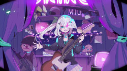 1girl beretta_92 character_doll controller curtains electric_guitar green_eyes guitar gun hair_ornament handgun highres hizuki_miu holding holding_instrument instrument jewelry joystick bad_tag long_hair necklace neon_lights pistol pleated_skirt raincoat rifle roki_(vocaloid) scope shirt side_ponytail skirt solo tissue_box triangle_hair_ornament user_kecz8778 virtual_youtuber vocaloid wactor_production weapon white_shirt yellow_raincoat youtube_logo