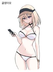 1girl absurdres alternate_costume arm_at_side bang_dream! bang_dream!_it&#039;s_mygo!!!!! bare_arms bare_shoulders bikini black_choker black_hat blonde_hair bracelet breasts cellphone choker cleavage closed_mouth collarbone commentary_request contrapposto criss-cross_halter cropped_legs dot_mouth dot_nose expressionless halterneck hand_up hat highres holding holding_phone jewelry korean_commentary korean_text large_breasts light_blush looking_at_phone looking_down medium_hair misumi_uika navel o-ring o-ring_bikini o-ring_top phone ppora purple_eyes simple_background skindentation smartphone stomach swimsuit thighs translation_request visor_cap white_background white_bikini