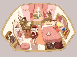 1girl absurdres ahoge animal_slippers aoyagi_(ao0701yagi) backpack bag bag_charm bed bedroom blonde_hair book brown_gloves charm_(object) clock commentary crayon curtains dodoco_(genshin_impact) drawing_(object) dress gem genshin_impact gloves grey_background hat hat_feather highres indoors klee_(genshin_impact) kneehighs long_sleeves looking_at_mirror low_twintails mirror newsboy_cap photo_(object) pillow plant pointy_ears potted_plant primogem red_eyes red_gemstone red_hat reflection rug sidelocks slippers smile socks solo stuffed_animal stuffed_toy symbol-only_commentary twintails unworn_backpack unworn_bag wall_clock white_socks window witch_hat wooden_chair wooden_desk