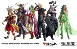 3boys 3girls animal_ears blonde_hair buster_sword cape cat_ears cat_tail cloud_strife copyright_name copyright_notice dress fake_horns final_fantasy final_fantasy_i final_fantasy_iii final_fantasy_iv final_fantasy_vi final_fantasy_vii final_fantasy_xiv glowing glowing_hand green_hair green_shawl helmet highres holding holding_shield holding_sword holding_weapon horned_helmet horns in-franchise_crossover looking_at_viewer magali_villeneuve magic:_the_gathering miqo&#039;te multiple_boys multiple_girls official_art onion_knight over_shoulder rydia_(adult)_(ff4) rydia_(ff4) shawl shield spiked_hair standing sword tail tina_branford warrior_of_light_(ff1) weapon weapon_over_shoulder white_hair y&#039;shtola_rhul